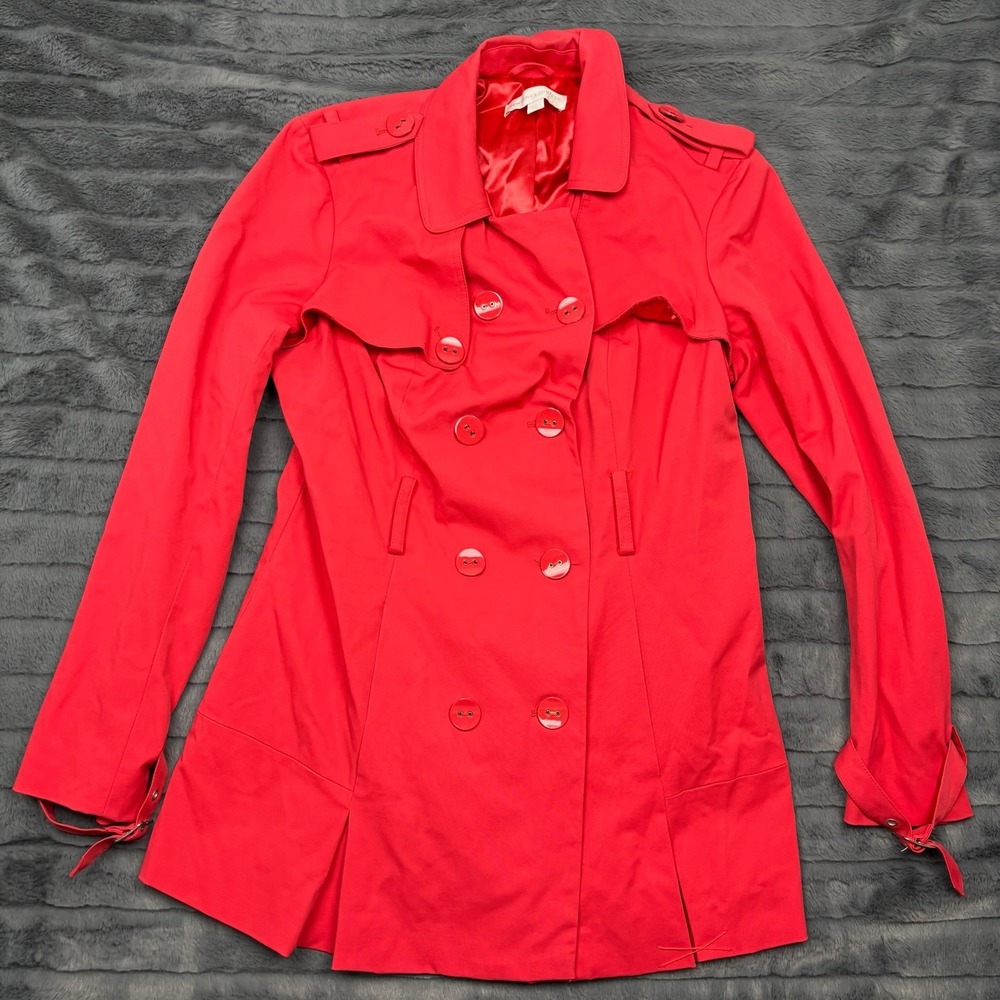 New York & Company Red Double Breasted Trench Coat Women Large Pleated Jacket